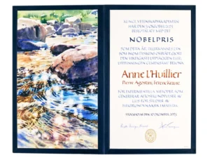 Artist: Elisabeth Biström, Calligrapher: Marie A Györi, Book binder: Leonard Gustafssons Bokbinderi AB, Photo reproduction: Dan Lepp, © The Nobel Foundation 2023